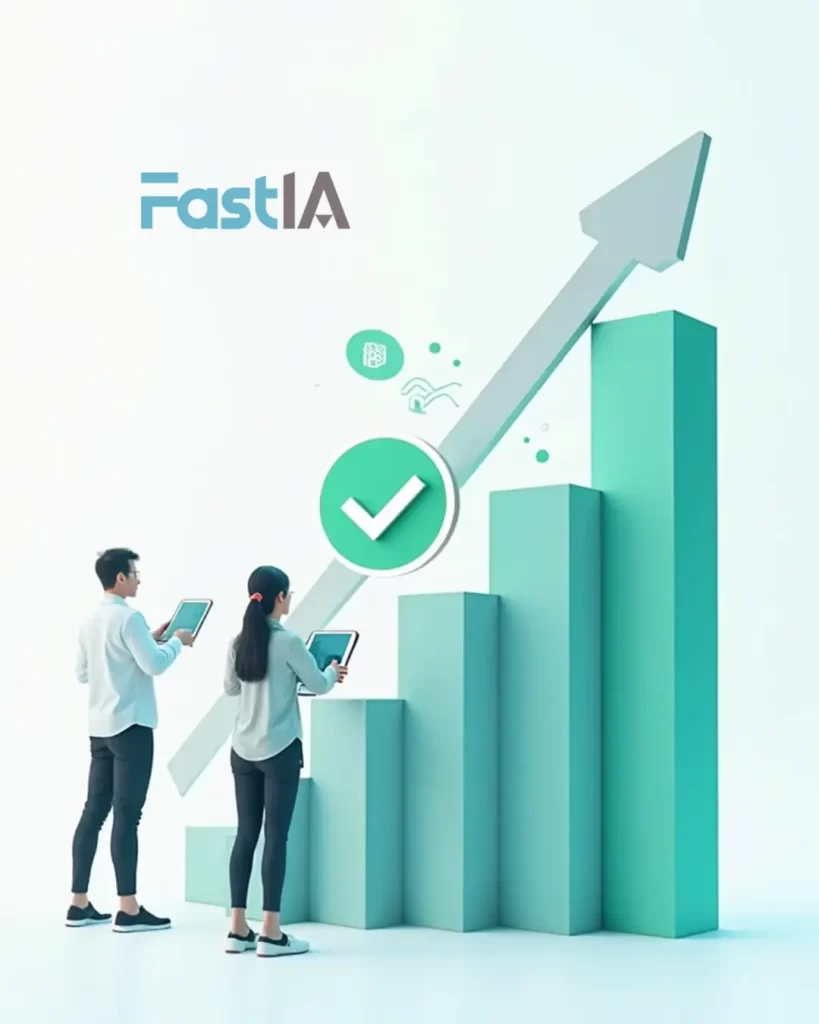 Gráfico de crescimento de vendas com o logo Fastia, simbolizando Casos de Sucesso Digital em plataformas de clientes.
